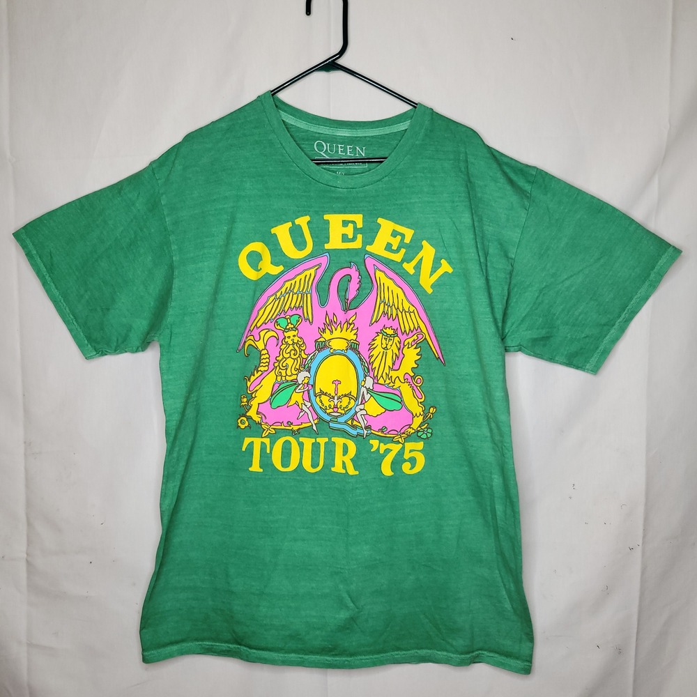 Queen Tour 75 Band Graphic T-Shirt Green Cotton Crew Neck